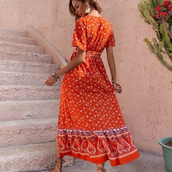 Paisley Floral Butterfly Sleeve Split Thigh Belted Maxi Dress ORANGE - Picture 7 of 8